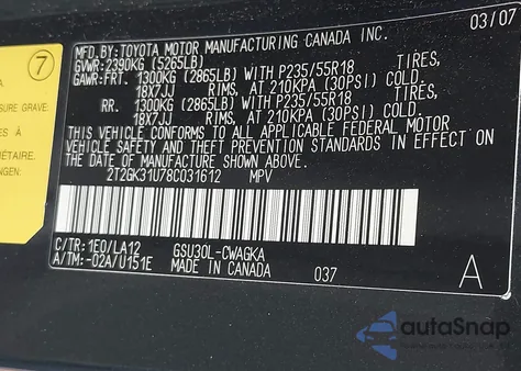 2008 Lexus Rx 350 z USA, uszkodzony, nr VIN 2T2GK31U78C031612